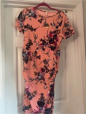 Pinkblush Peach Pink Maternity Floral Midi Dress with Multicolor Blossoms